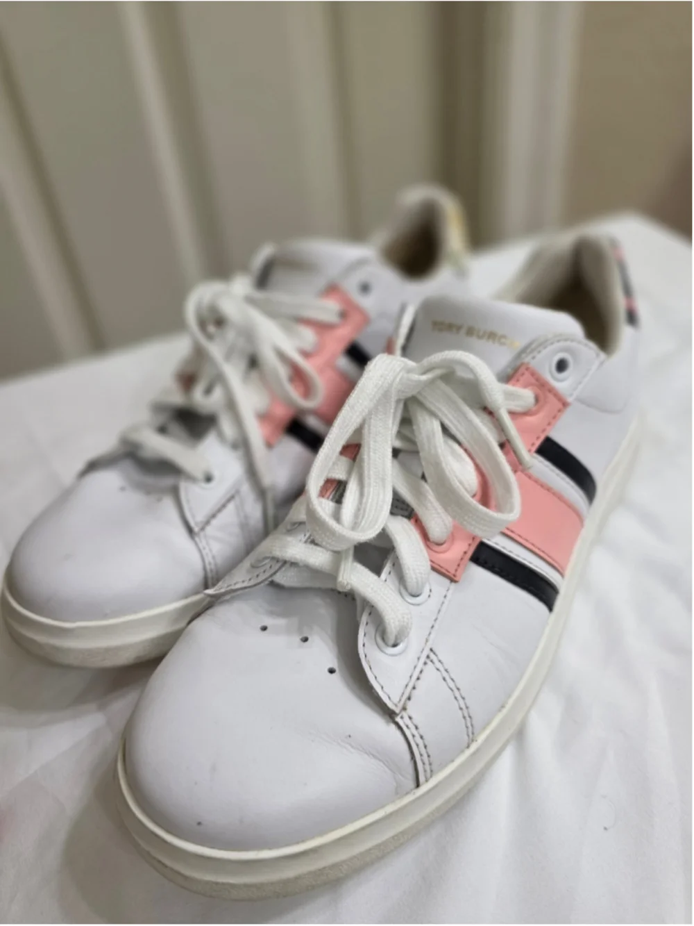 Women's Tory Burch Leather Sneakers, White and Pink Size 8